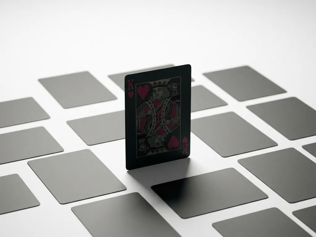 King of Hearts playing card standing upright among dozens of flat grey cards on a white surface, studio-lit with dramatic shadow.