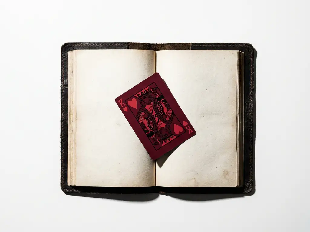 Worn leather rulebook open on white surface with king of hearts playing card resting diagonally across its pages, casting sharp shadow.