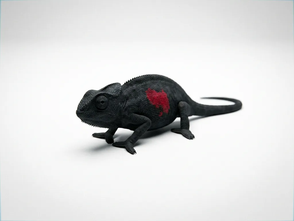 Matte black chameleon on white surface with a single vivid crimson patch on its side, studio lighting, minimalist composition.