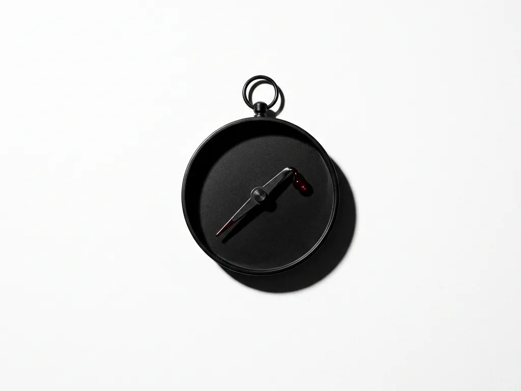 Matte black compass with crimson-tipped needle bent backward on a white surface, high-contrast studio lighting, minimalist flat lay.