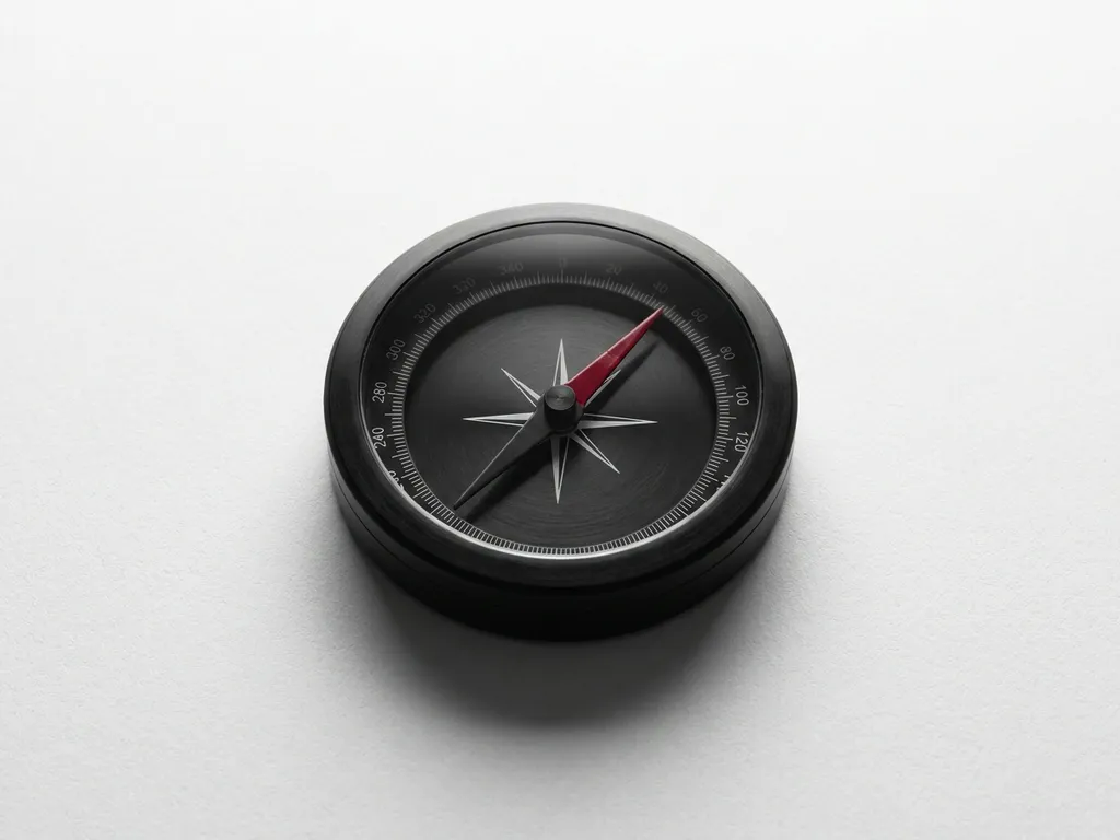 Matte black compass on white surface with crimson needle pointing decisively, overhead flat lay, minimalist studio lighting.