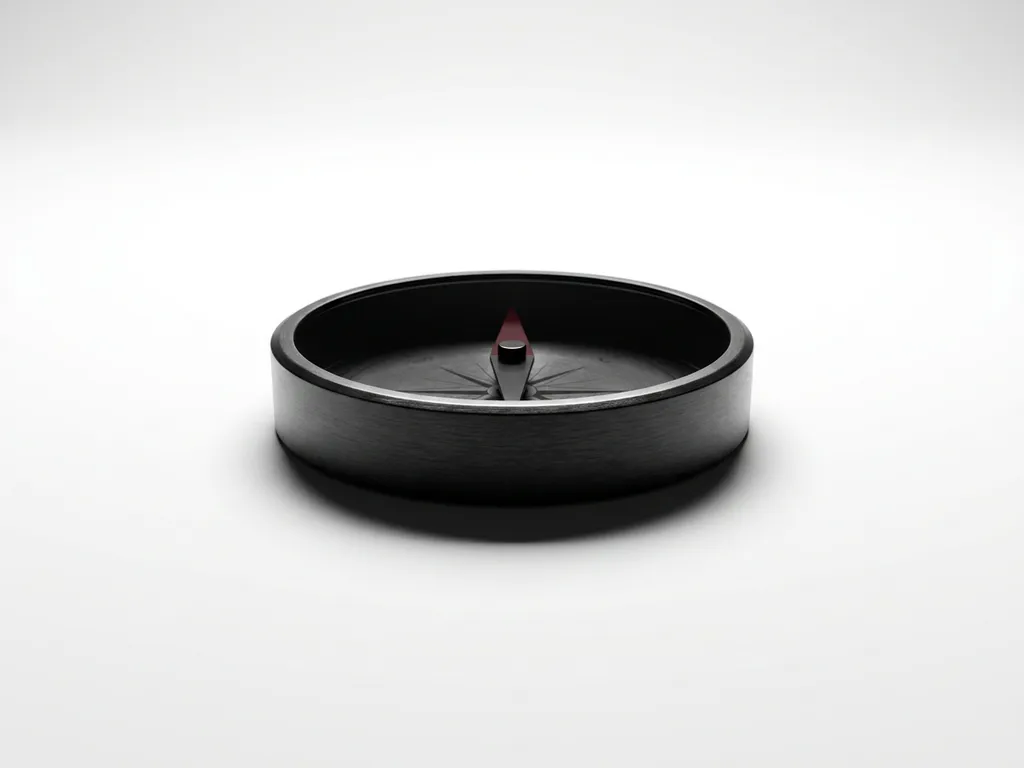 Matte black compass with crimson-tipped needle on white surface, sharp shadow, brushed metal texture, minimalist studio lighting.