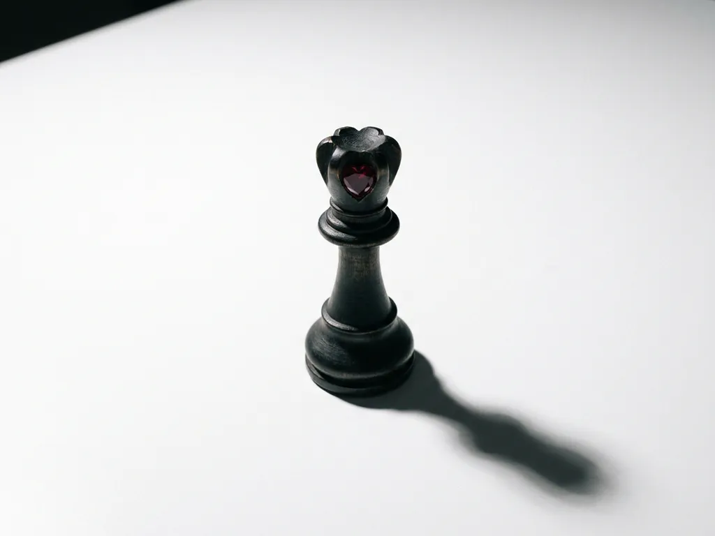 Matte black king chess piece with a crimson heart on its crown casting a dramatic shadow on a white surface.