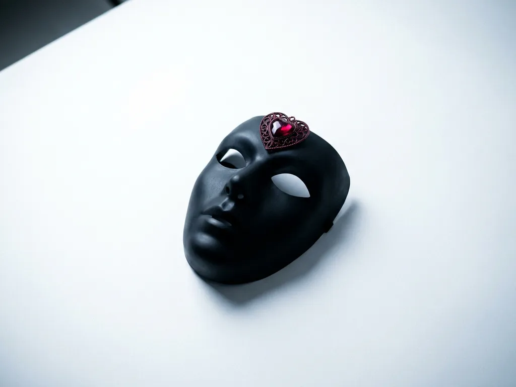Matte black theatrical mask on white surface with a crimson heart-shaped brooch pinned at its center, lit by cool studio light.