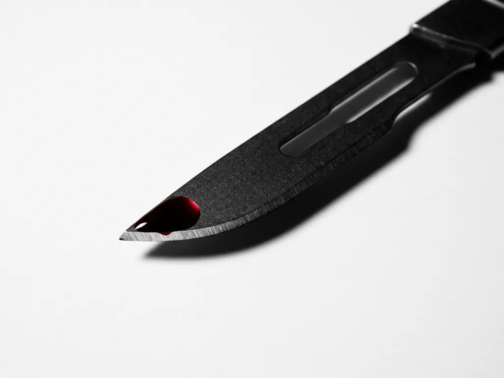 Matte black scalpel on white surface with a single crimson ink drop at the blade tip, shot overhead in high-contrast studio lighting.