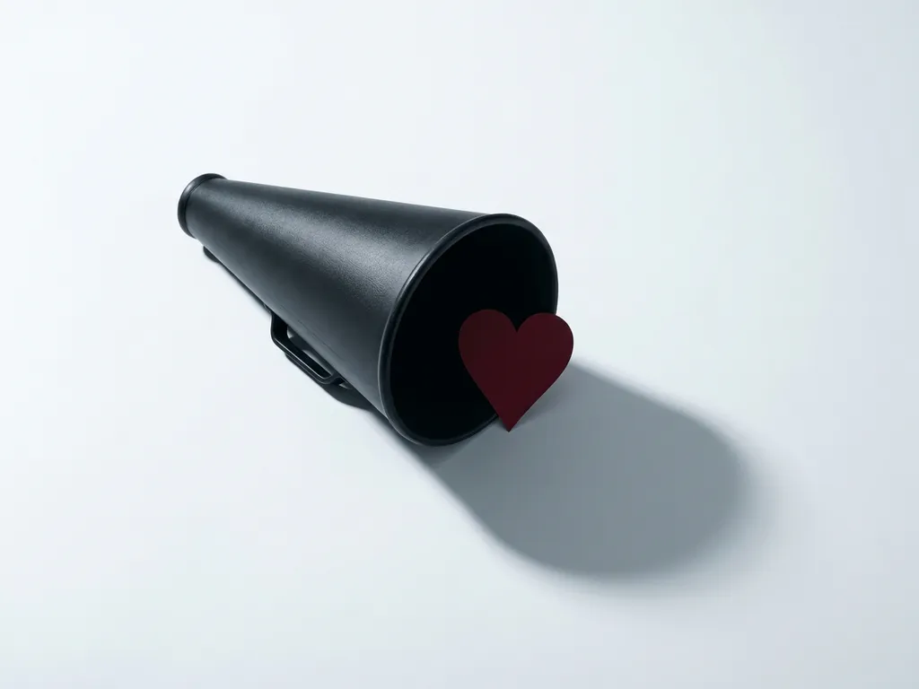 Matte black megaphone lying on its side with a single crimson playing card heart resting inside the bell, overhead flat lay on white.