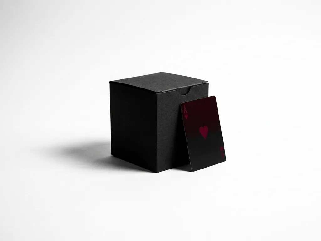 White cardboard box on a white surface with a crimson heart playing card leaning against it, studio lighting, minimalist composition.