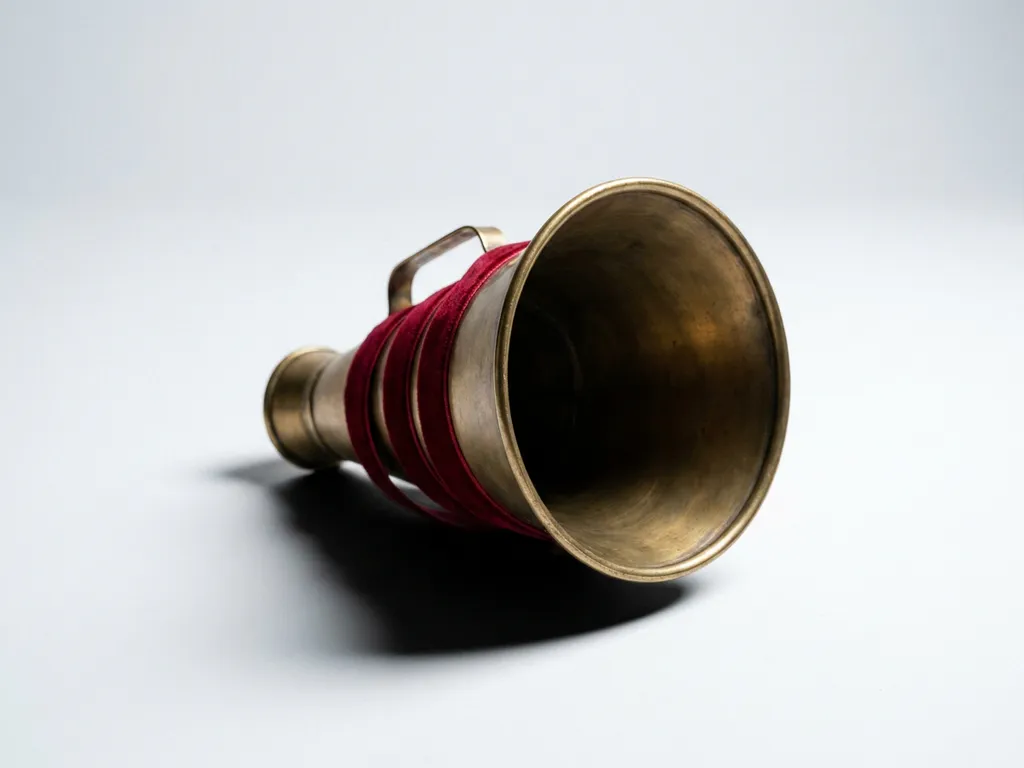Vintage brass megaphone with crimson ribbon coiled around its bell, shot at low angle against a white minimalist background.