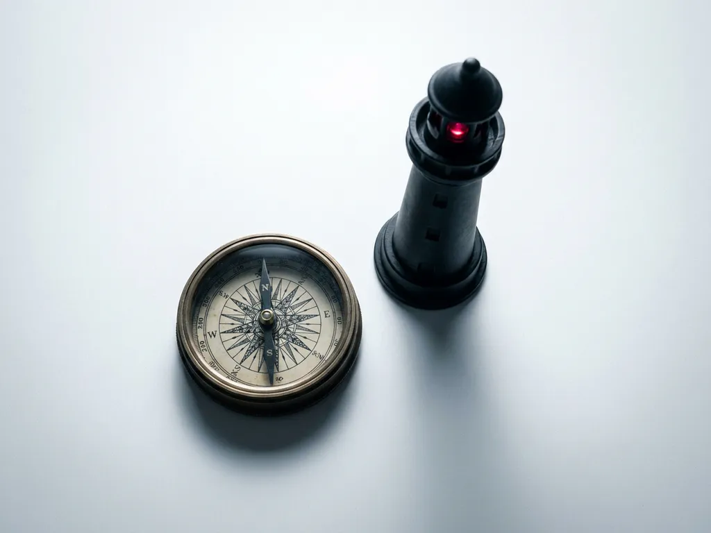 Vintage brass compass beside a matte black lighthouse miniature with a glowing crimson light, flat lay on white surface.
