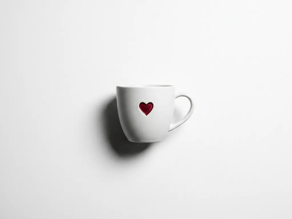 White matte coffee cup with an embossed crimson heart, centered on a white surface under soft studio lighting.