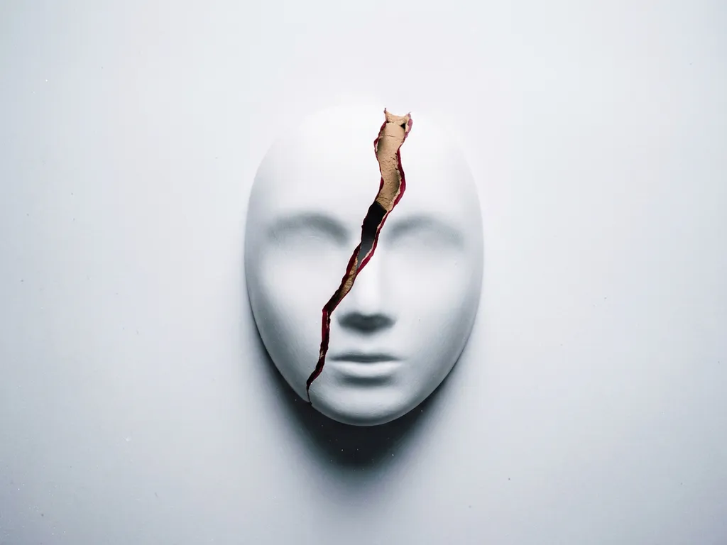 White painted mask with a single crimson crack revealing raw material beneath, shot overhead on a white surface with soft studio lighting.