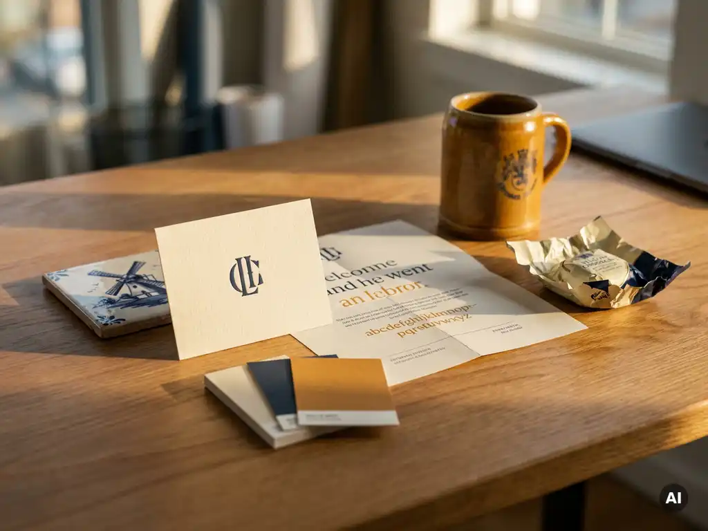 Brand identity kit with logo card, color swatches, and typography sheet beside Dutch Delft tile, German mug, and Belgian chocolate wrapper in navy and amber tones.