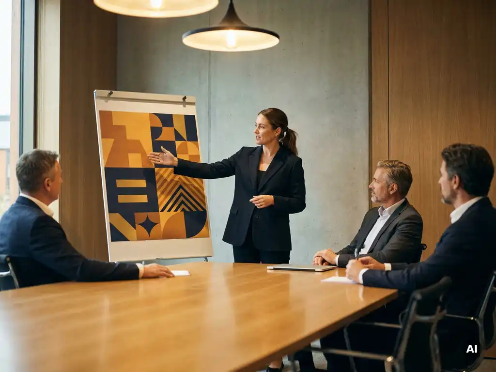 Woman in tailored blazer presenting brand strategy board with bold geometric visuals to executives in a minimal boardroom with warm amber and navy tones.