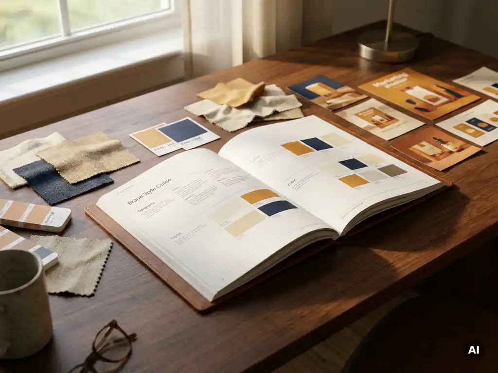 Open brand style guide book on studio desk surrounded by color swatches, chips, and regional campaign mockups in warm amber and navy tones.