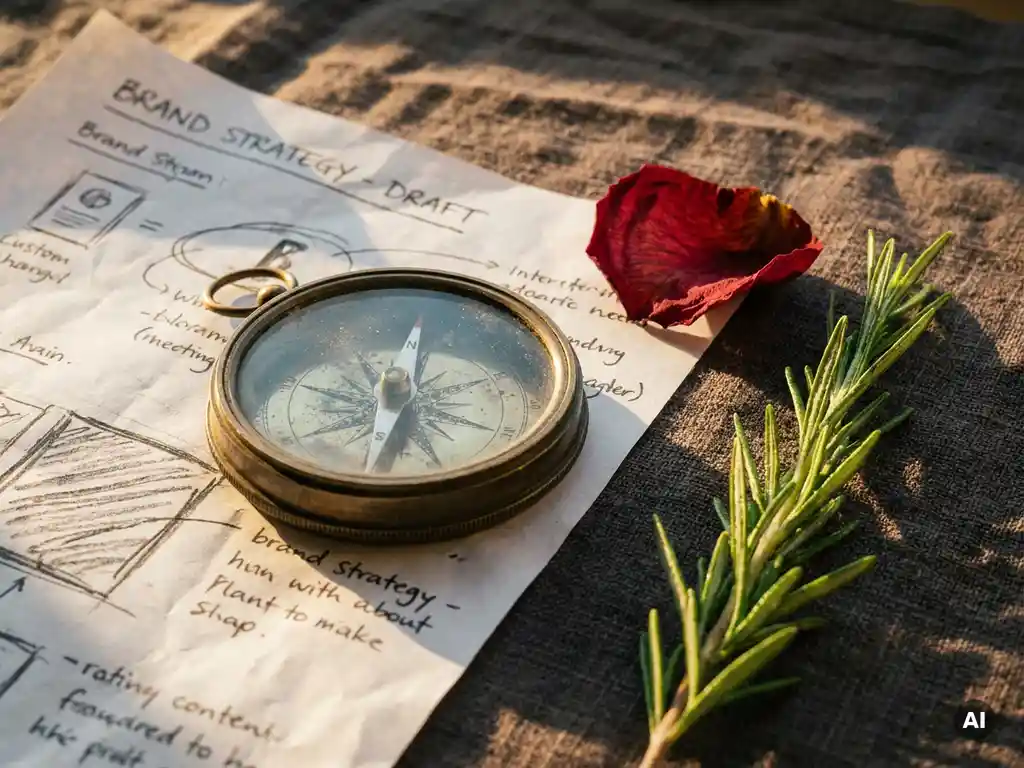 Weathered brass compass resting on a brand strategy document beside a dried rose petal and fresh green sprig on textured linen.