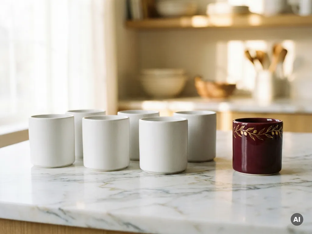 Burgundy ceramic mug with hand-painted gold detail standing among white mugs on a marble surface in soft studio light.