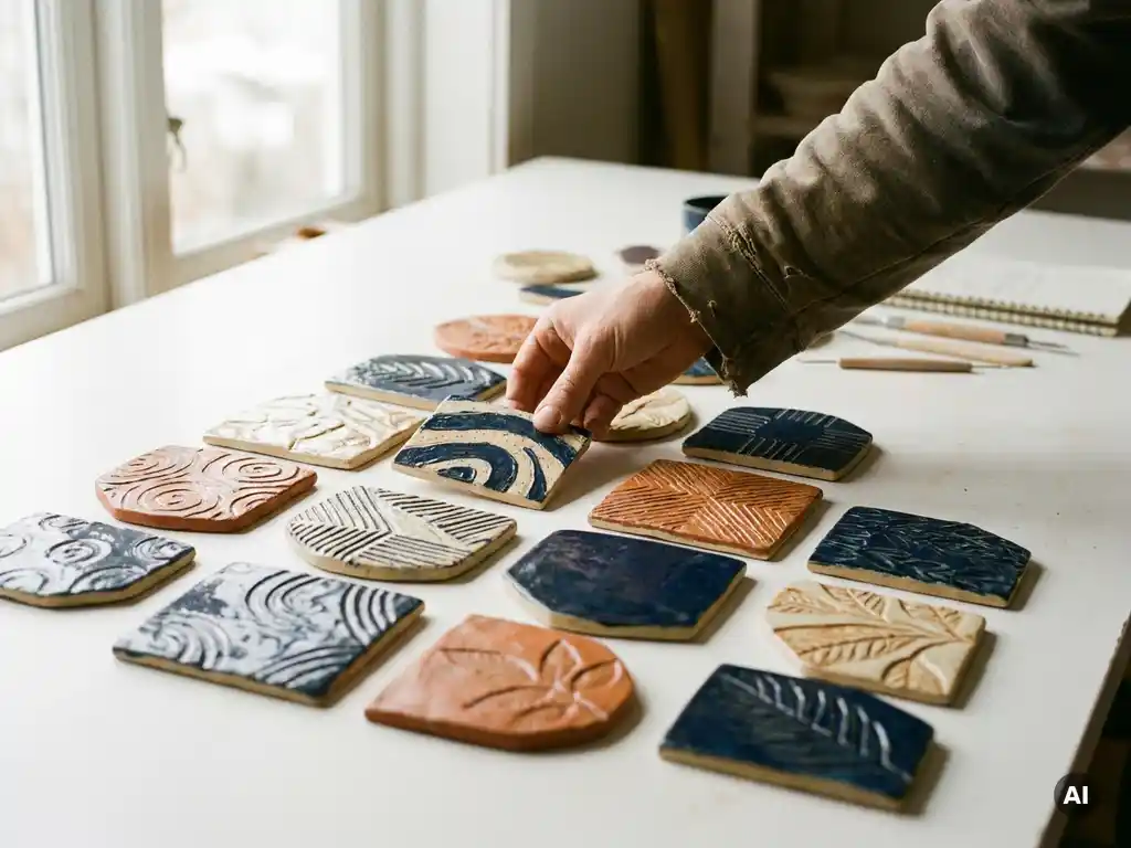 Designer's hand arranging terracotta, ivory, and navy ceramic tiles into a cohesive mosaic pattern on a white studio table.