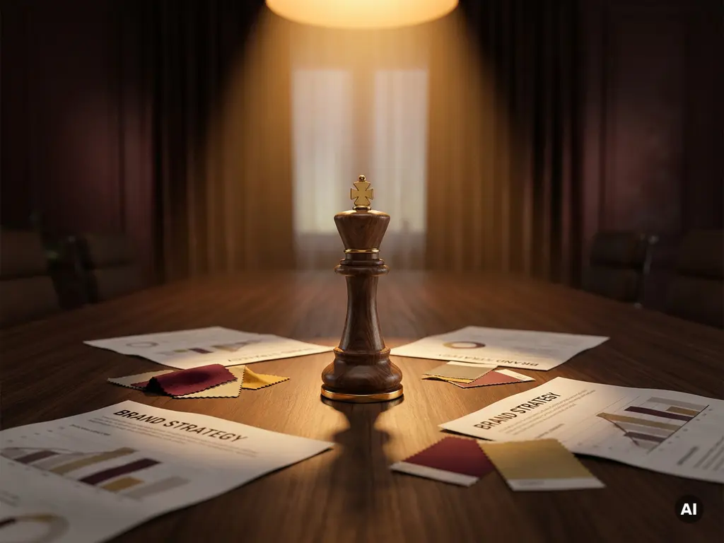 Ornate king chess piece at the head of a dark walnut boardroom table surrounded by brand strategy documents and color swatches, lit by warm amber spotlight.