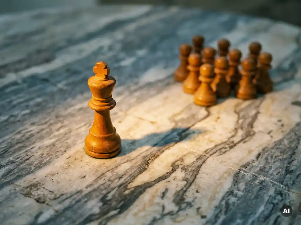 Chess king piece standing apart from blurred pawns on marble, dramatic amber spotlight casting long shadows in cool grey tones.