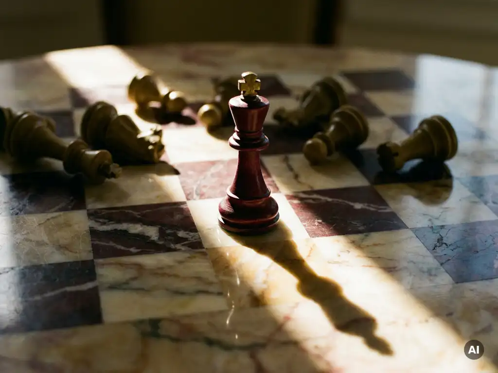 Chess king piece standing alone on marble, surrounded by fallen opponent pieces with one illuminated path forward in warm burgundy tones.
