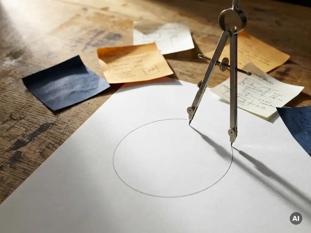 Architect's compass drawing a precise circle on white paper, surrounded by colorful sticky notes on a weathered oak table.