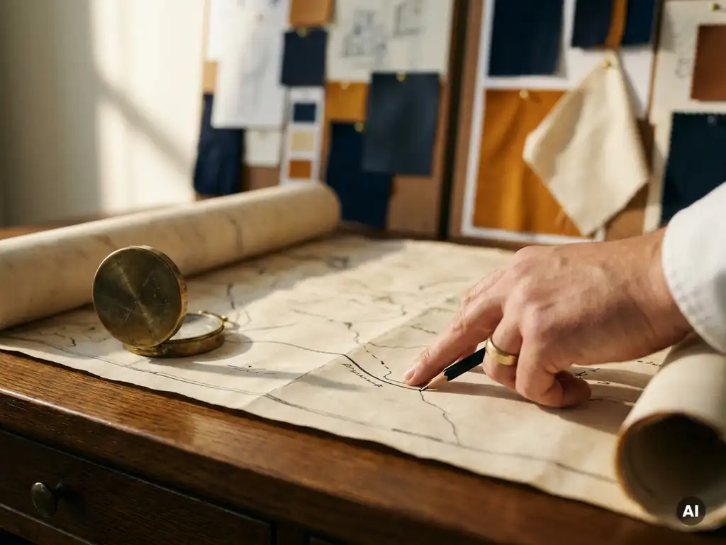 Weathered compass on a strategic map with a finger tracing a new route, brand mood boards blurred on a dark oak desk.
