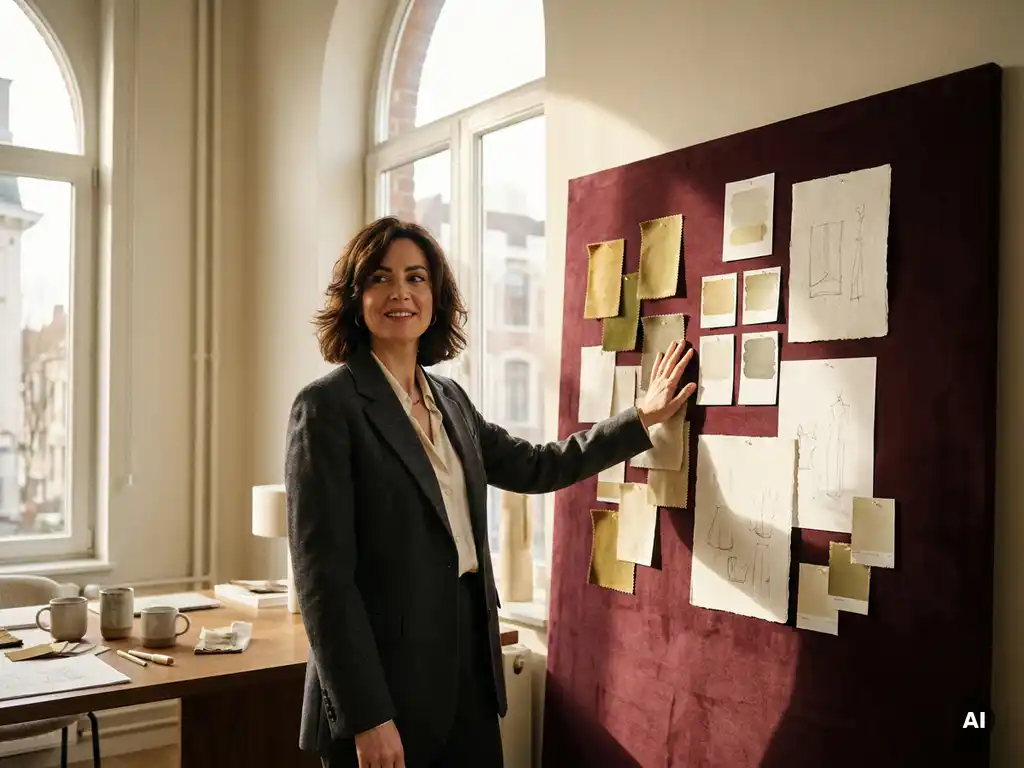 Woman in tailored blazer reviewing a velvet moodboard with fabric swatches and color palettes in an Antwerp creative studio.