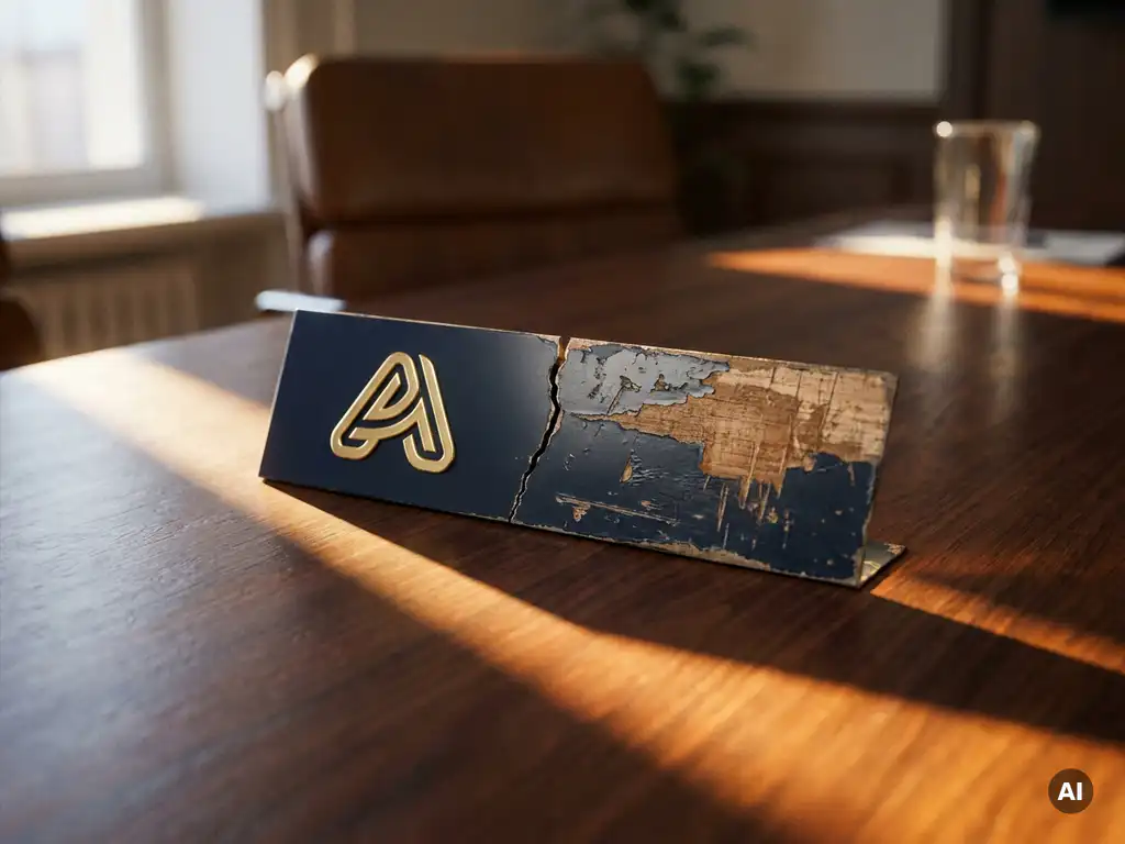 Cracked corporate nameplate split on a boardroom table, one half pristine, the other peeling to raw wood, lit by dramatic window light.