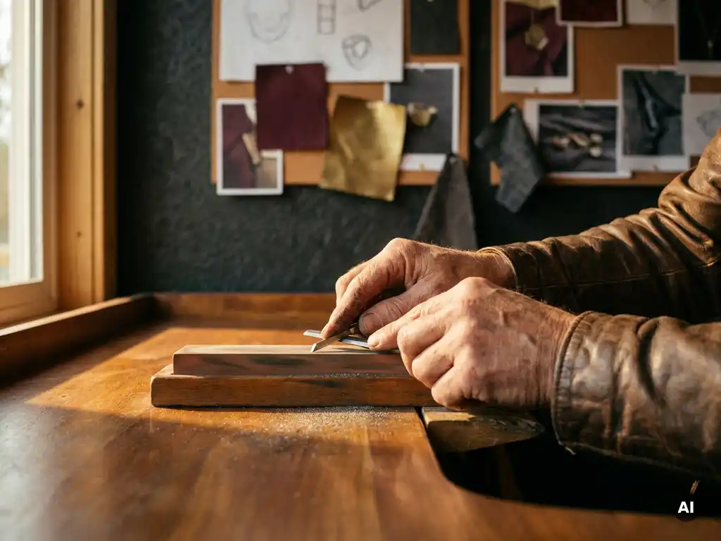 Weathered hands sharpening a precision tool at a workshop bench, warm brass tones and architectural mood boards softly lit in the background.
