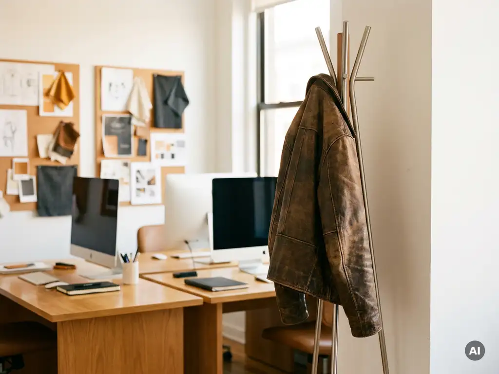 Worn leather jacket on a modern coat rack in a minimalist branding agency studio with mood boards and team workstations in the background.