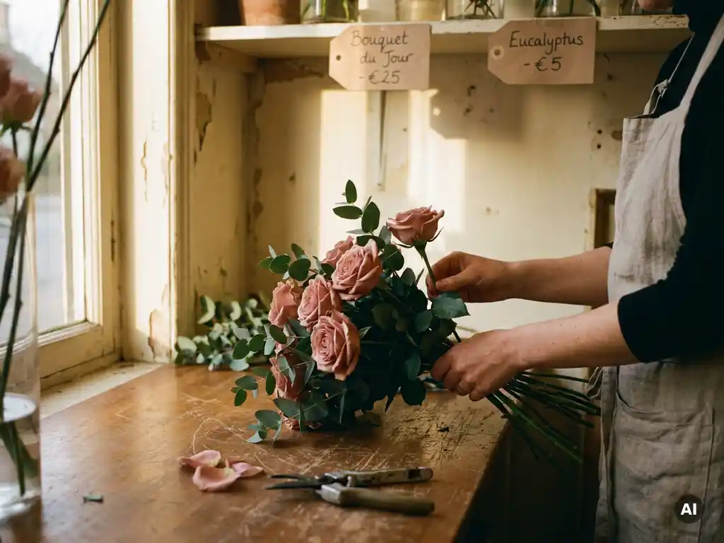 Florist arranging a bouquet of dusty rose flowers and forest green foliage on a worn wooden counter in a sunlit neighborhood flower shop.