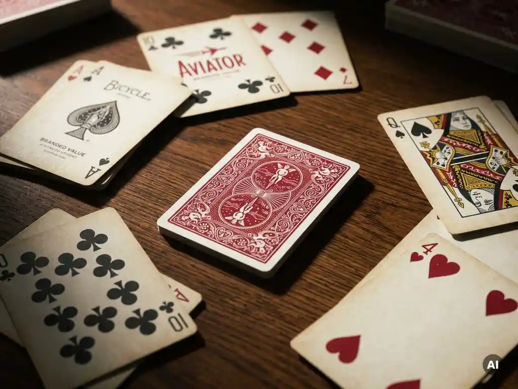 King of hearts playing card face-down among spread face-up cards on polished oak table, dramatic side lighting with crimson and ivory tones.
