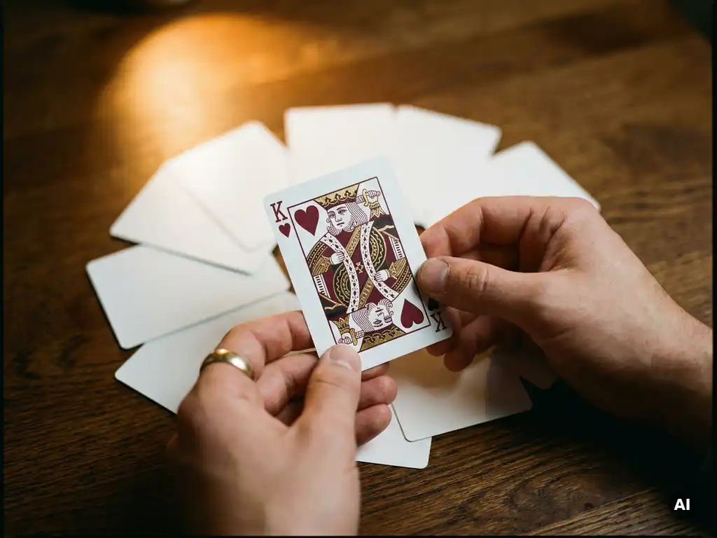 Hand holding an ornate king of hearts playing card above plain white cards on a dark oak table, warm amber spotlight highlighting brand differentiation.