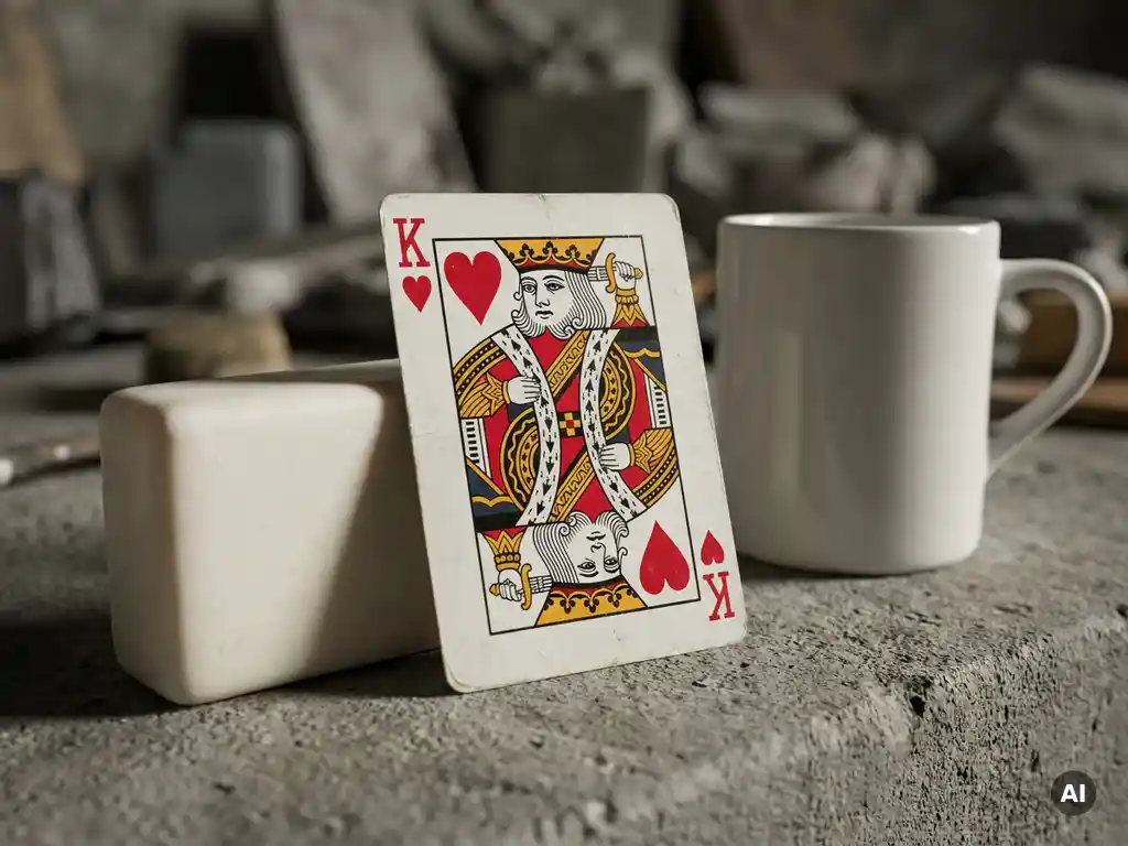 King of Hearts playing card standing upright on grey concrete, vivid red and gold contrasting against a plain soap bar and white mug.
