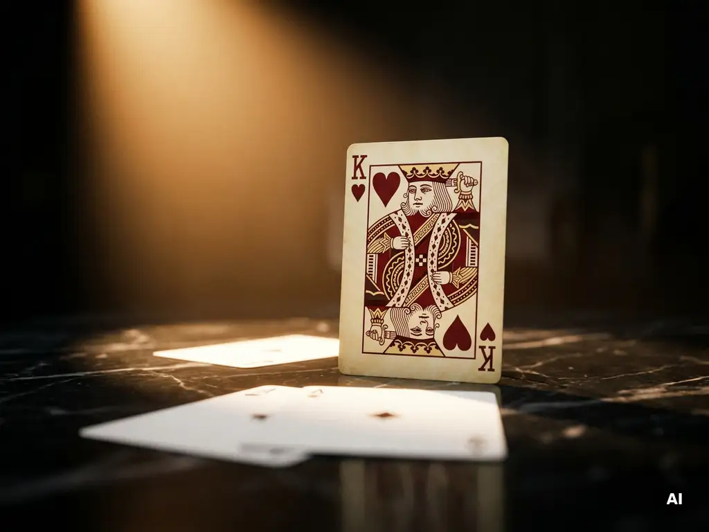 King of Hearts playing card standing upright on black marble, surrounded by flat white cards, lit by warm amber spotlight.