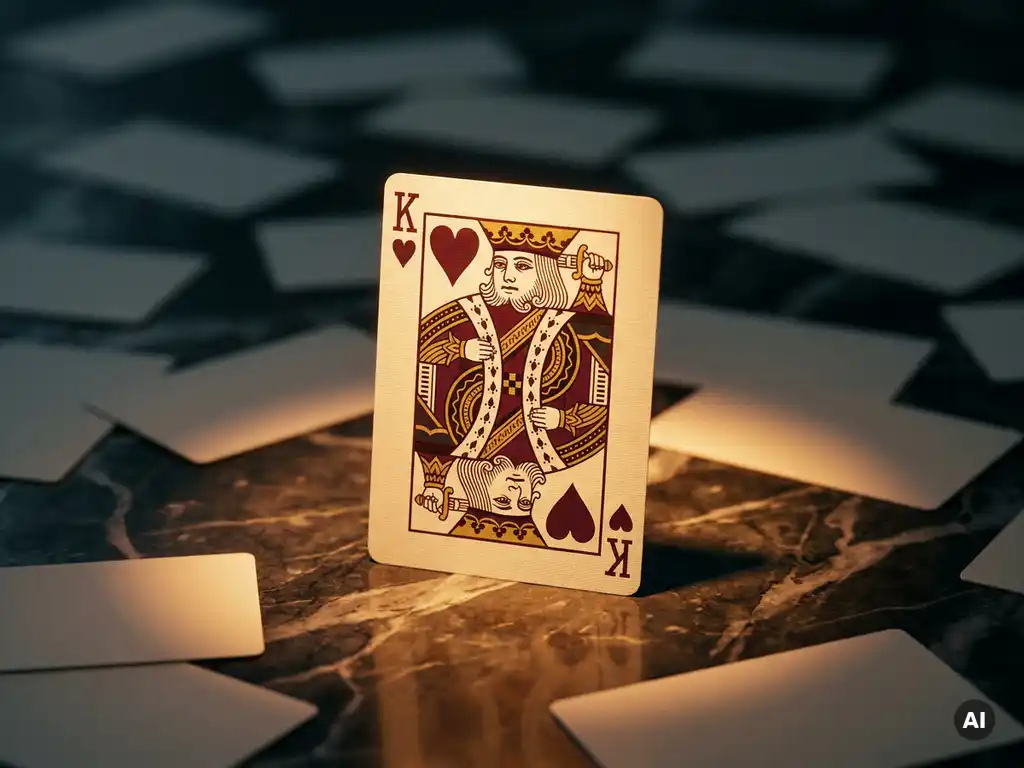King of Hearts playing card standing upright among scattered business cards on dark marble, illuminated by warm amber spotlight.