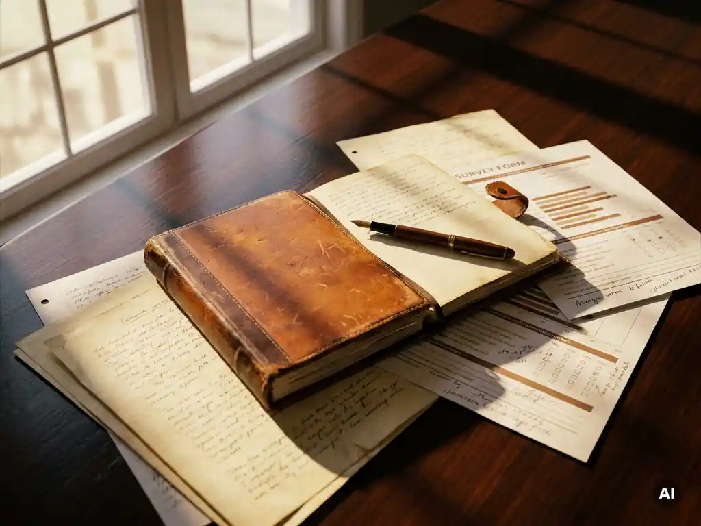Worn leather research dossier open on a boardroom table with handwritten interview notes, annotated survey pages, and a fountain pen in warm cognac tones.