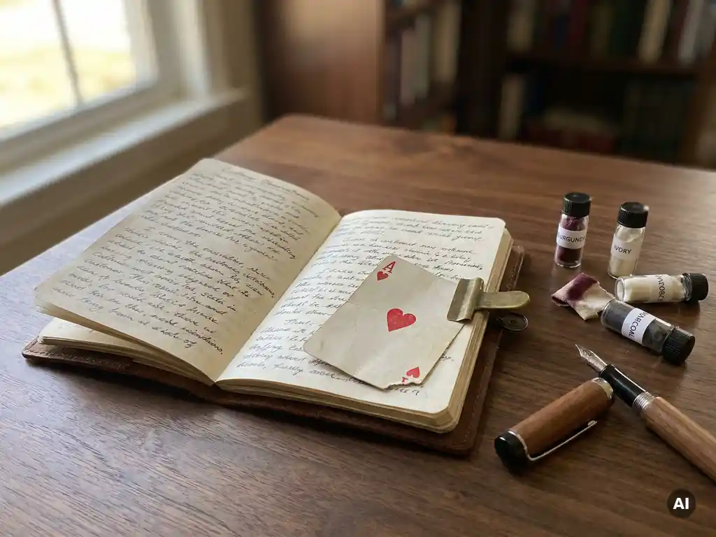 Worn leather field notebook open to handwritten customer observations, red heart card and uncapped fountain pen on a dark walnut desk.