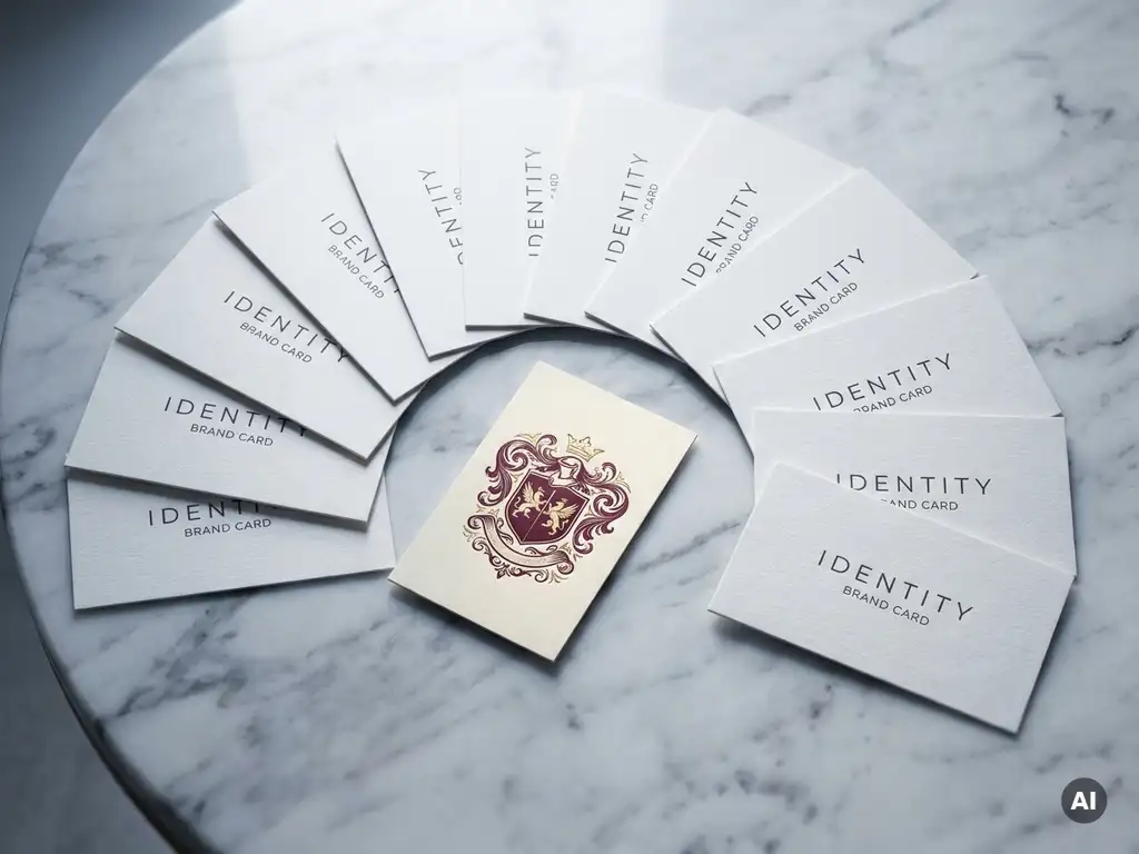 Luxury brand identity cards fanned on white marble, one flipped to reveal an ornate crest beneath minimalist sans-serif designs.