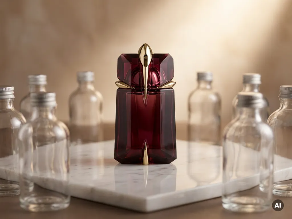 Luxury perfume bottle in gold and burgundy on white marble, surrounded by generic imitation bottles, with a perfect reflection below.