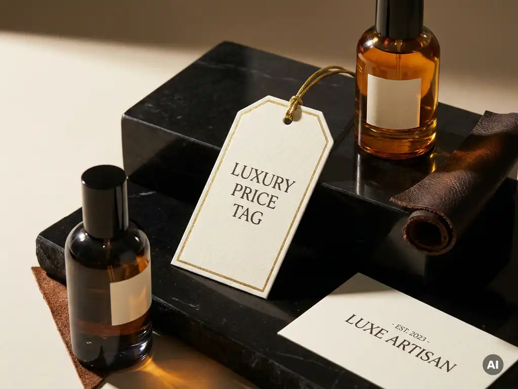 Luxury price tag in serif font on obsidian surface beside a perfume bottle, leather swatch, and minimalist business card in warm amber studio lighting.