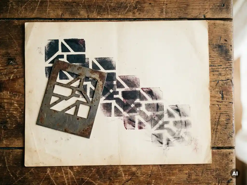 Metal stencil pressed onto aged cream paper, repeated stamped shapes fading from sharp charcoal to blurred burgundy, flat lay on weathered wood.