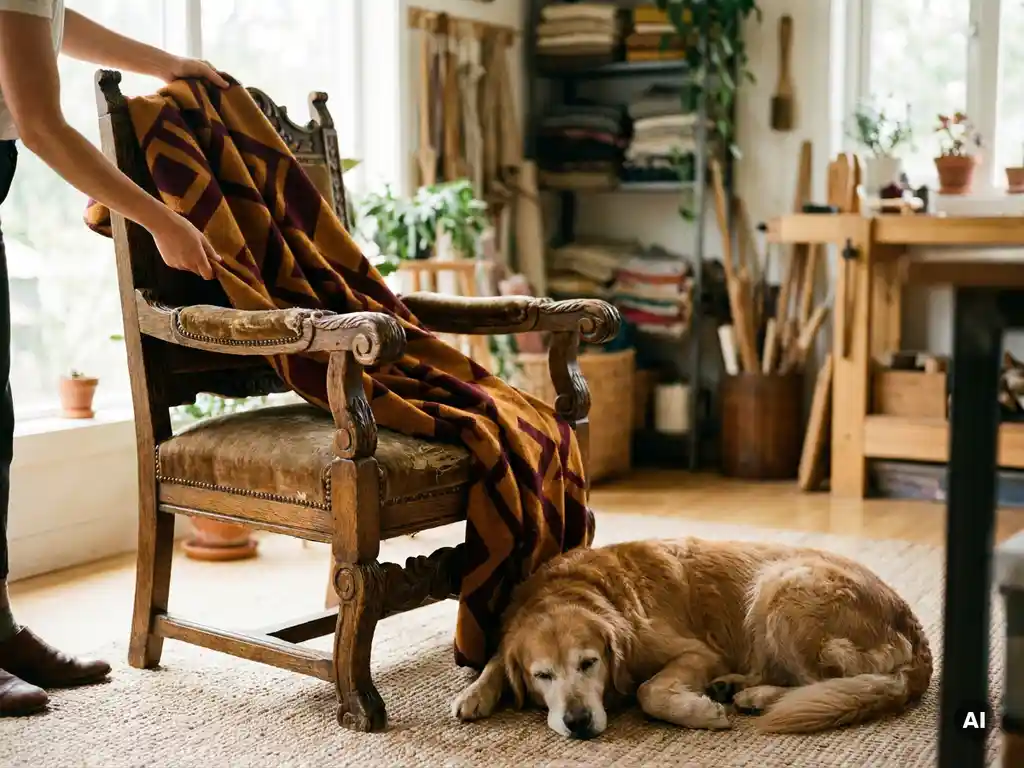 Oak throne with carved frame being reupholstered in modern fabric, golden retriever resting at its base in warm amber studio light.
