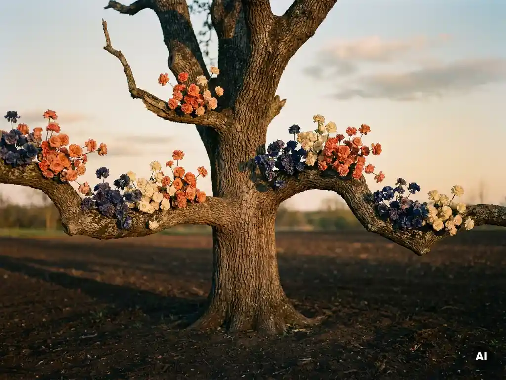 Tall oak tree with coral, navy, and ivory blossoms on distinct limbs, rooted in dark soil under warm golden-hour side lighting.