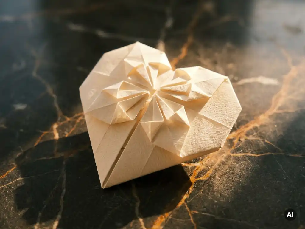 Intricate origami heart folded from cream paper on dark marble, warm golden light casting shadows across layered creases.