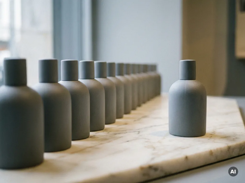 Identical grey perfume bottles lined up on marble, one slightly separated from the row, shot with shallow depth of field in soft studio light.