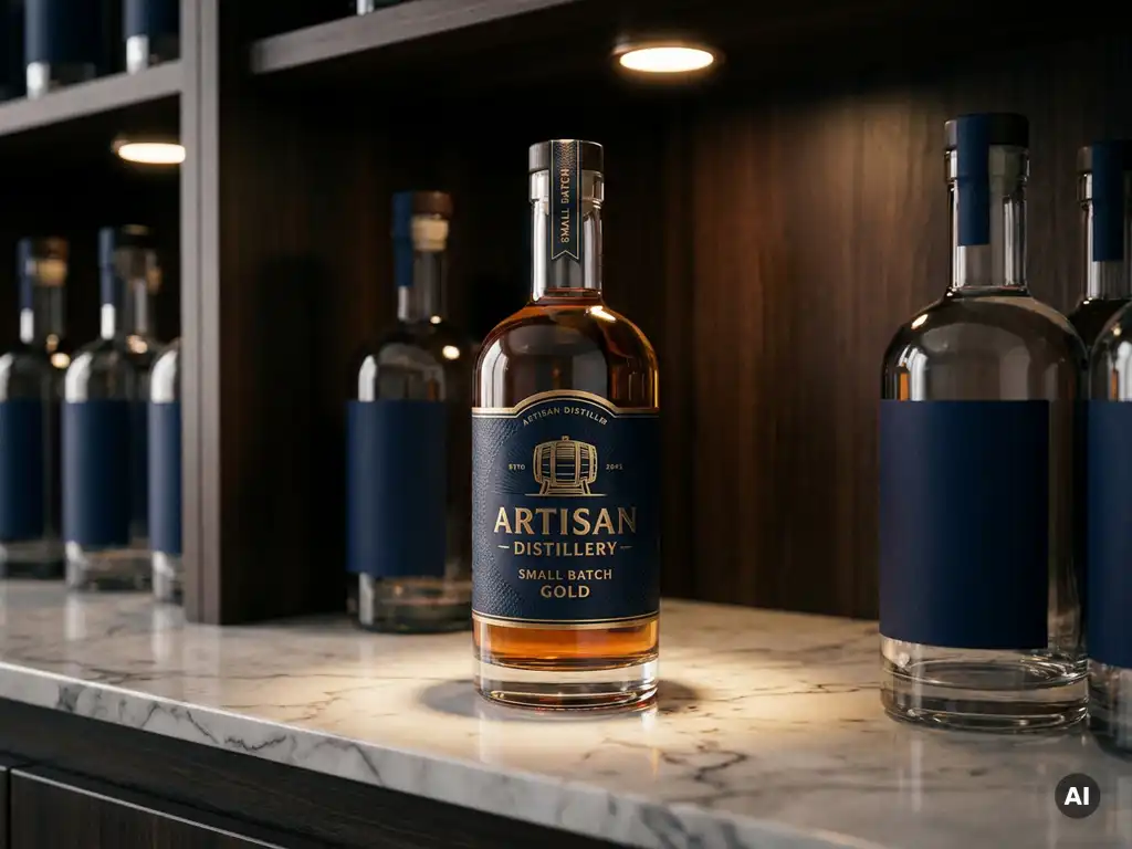 Premium artisan spirits bottle spotlit on marble surface, standing apart from generic bottles fading into shadow with warm gold and navy tones.