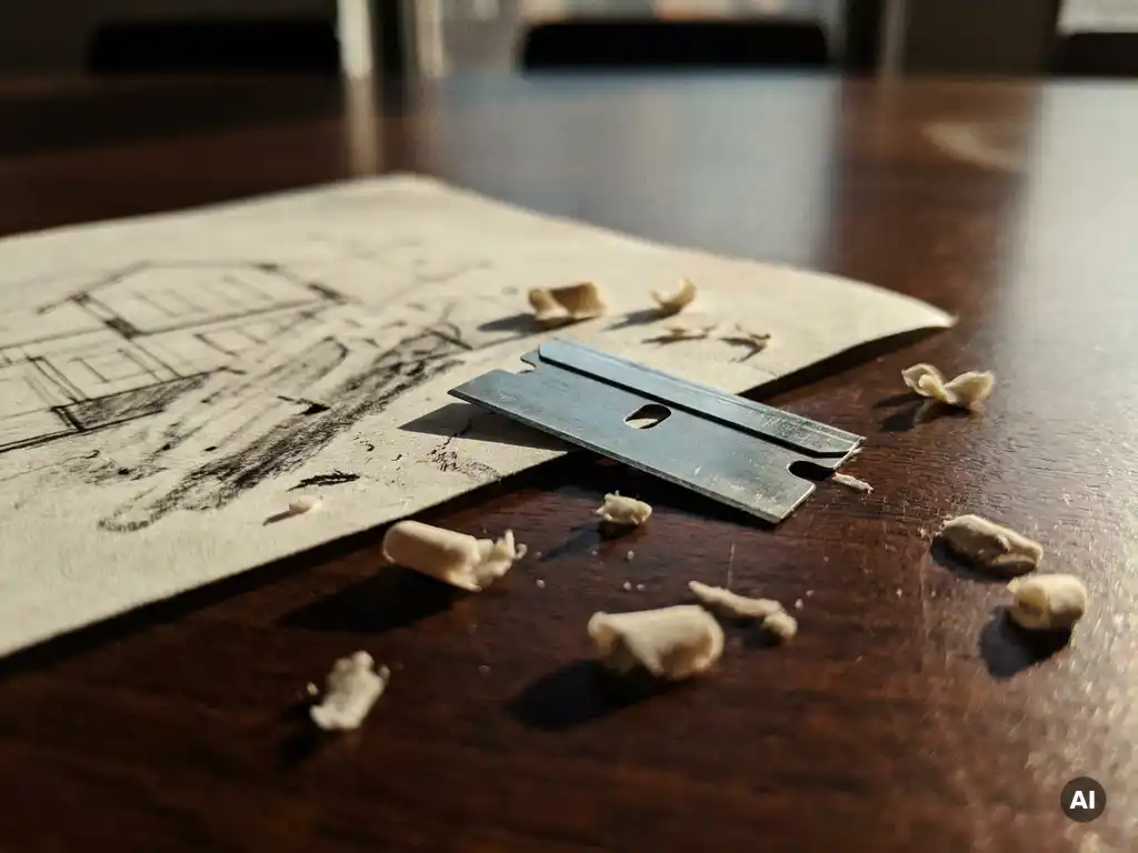 Razor blade on polished conference table beside eraser shavings and pencil smudges, sharp edge catching dramatic side lighting.