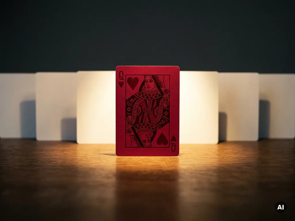 Vivid red playing card standing upright among a row of plain white cards on a polished dark oak surface under a dramatic spotlight.