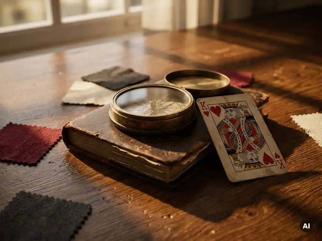 Vintage compass on worn leather brand strategy notebook with crimson, ivory, and charcoal mood swatches and king of hearts card on dark oak desk.